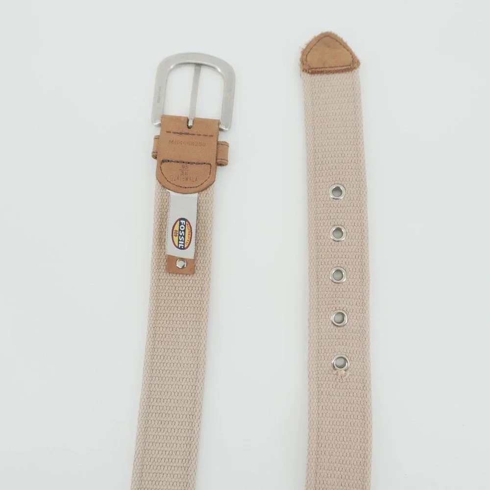 Fossil Web Belt Mens 36-38 Khaki Canvas Leather Utility Gear MB4064250